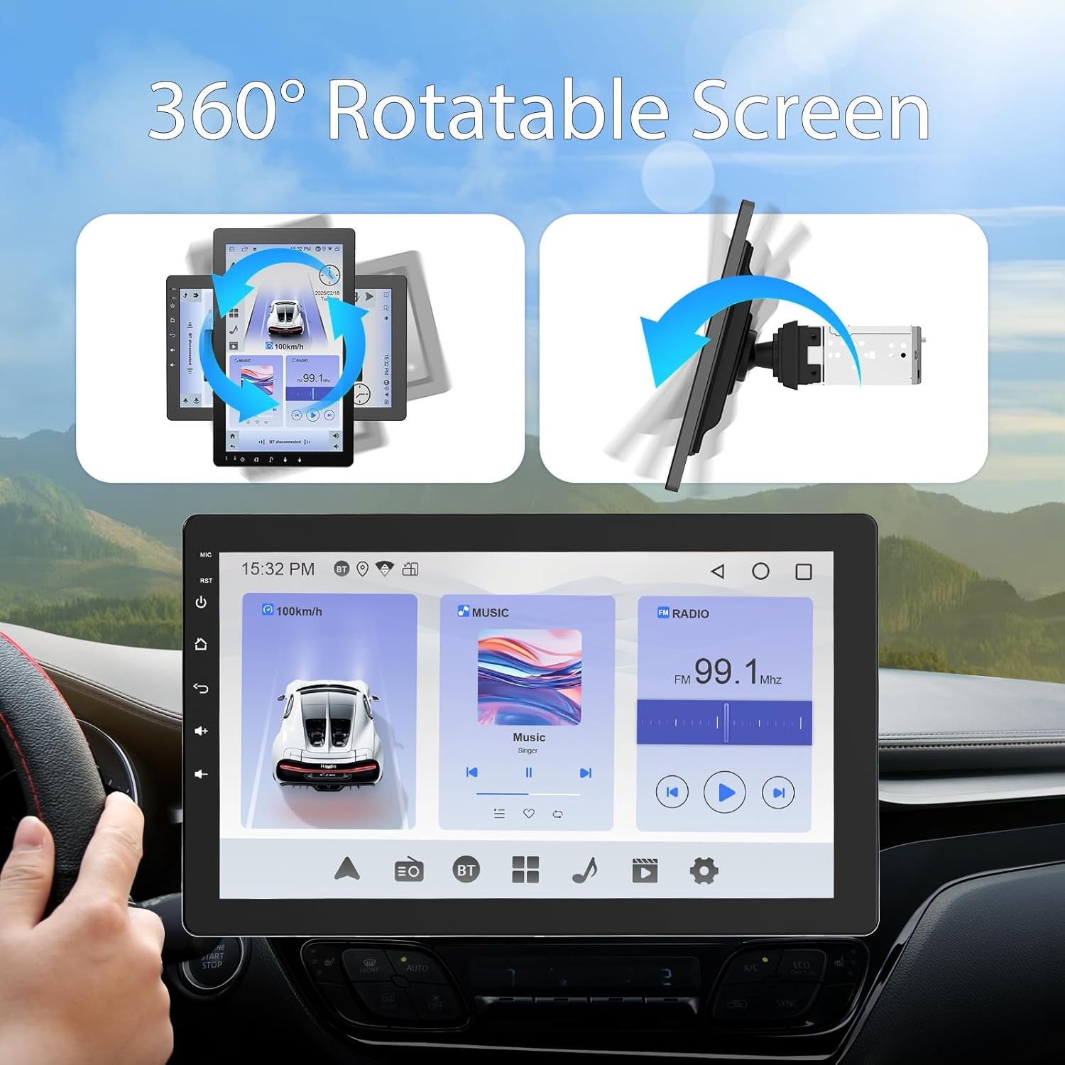 Haudio 10.1 inch Single Din Car Stereo, Rotatable Touch Screen Radio with Wireless Apple CarPlay & Android Auto, Backup Camera, Mirror Link, SWC, GPS, Voice Control, Bluetooth, WiFi