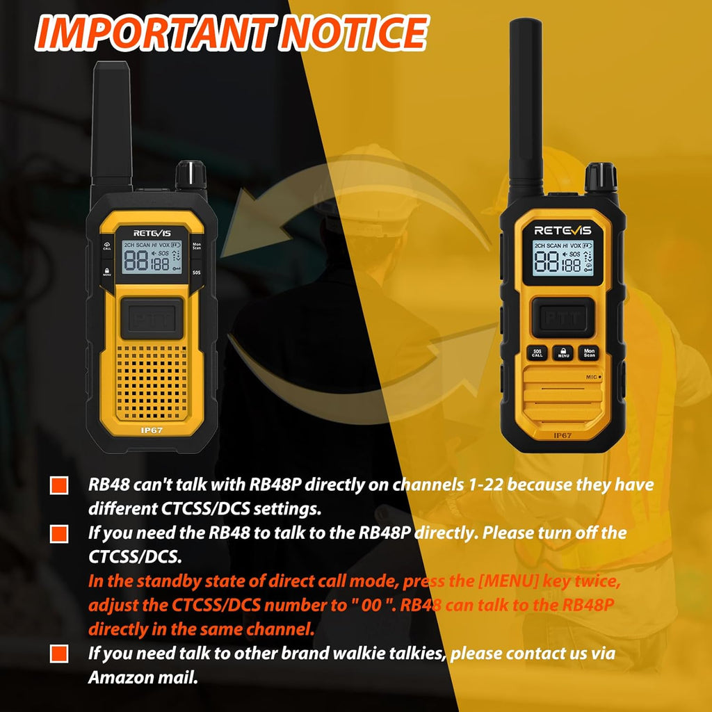 Retevis RB48 Plus Heavy Duty Walkie Talkies with Earpiece, IP67 Waterproof Two Way Radios, Long Range 2 Way Radio, Group Call, VOX, SOS, NOAA (4 Pack)