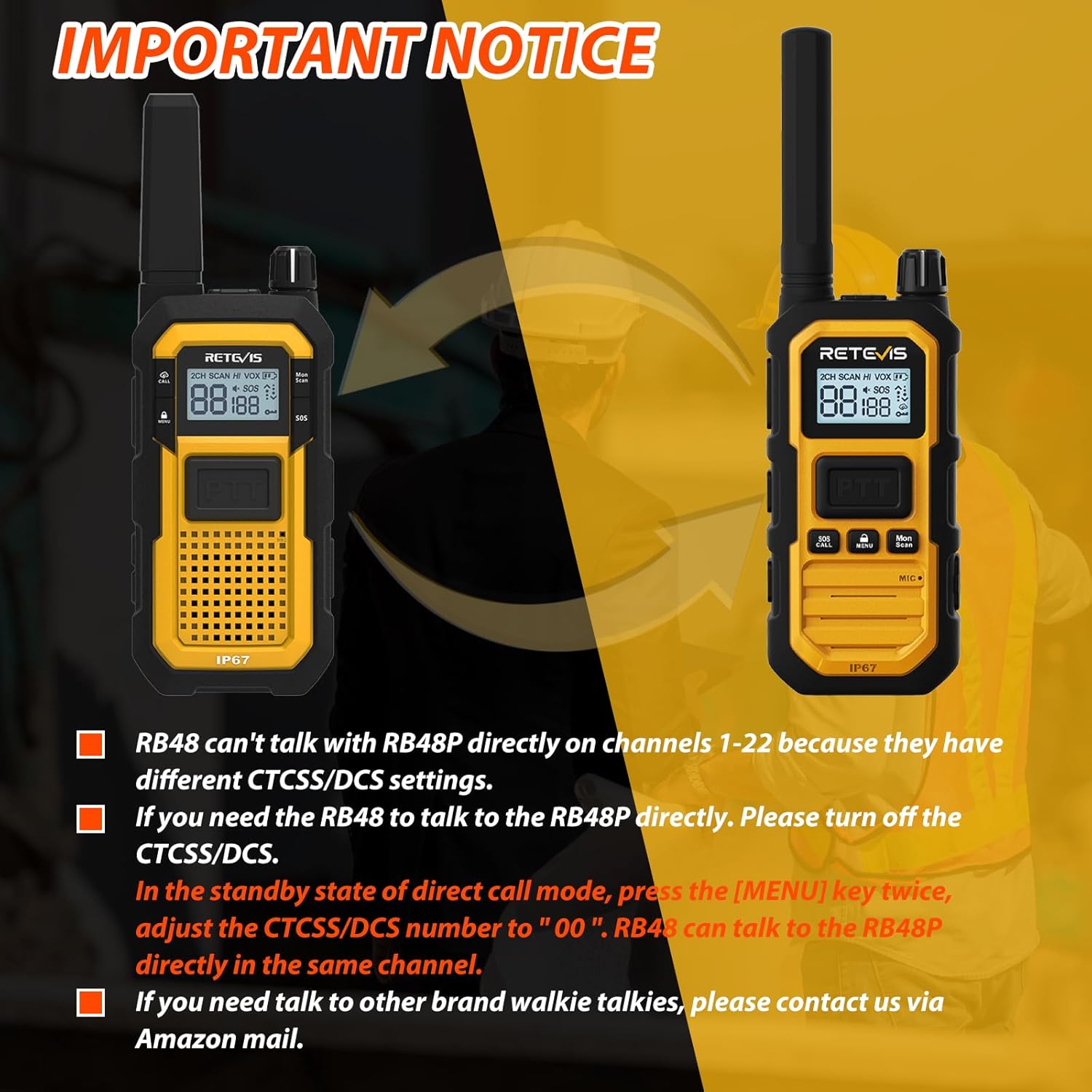 Retevis RB48 Plus Heavy Duty Walkie Talkies with Earpiece, IP67 Waterproof Two Way Radios, Long Range 2 Way Radio, Group Call, VOX, SOS, NOAA (4 Pack)
