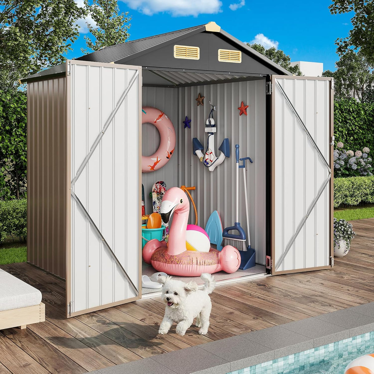IRONCK 5.7x5.7FT Outdoor Storage Shed, Metal Garden Tool Shed with Breathable Vent and Lockable Doors, Outside Storage for Backyard, Poolside, Patio, Brown