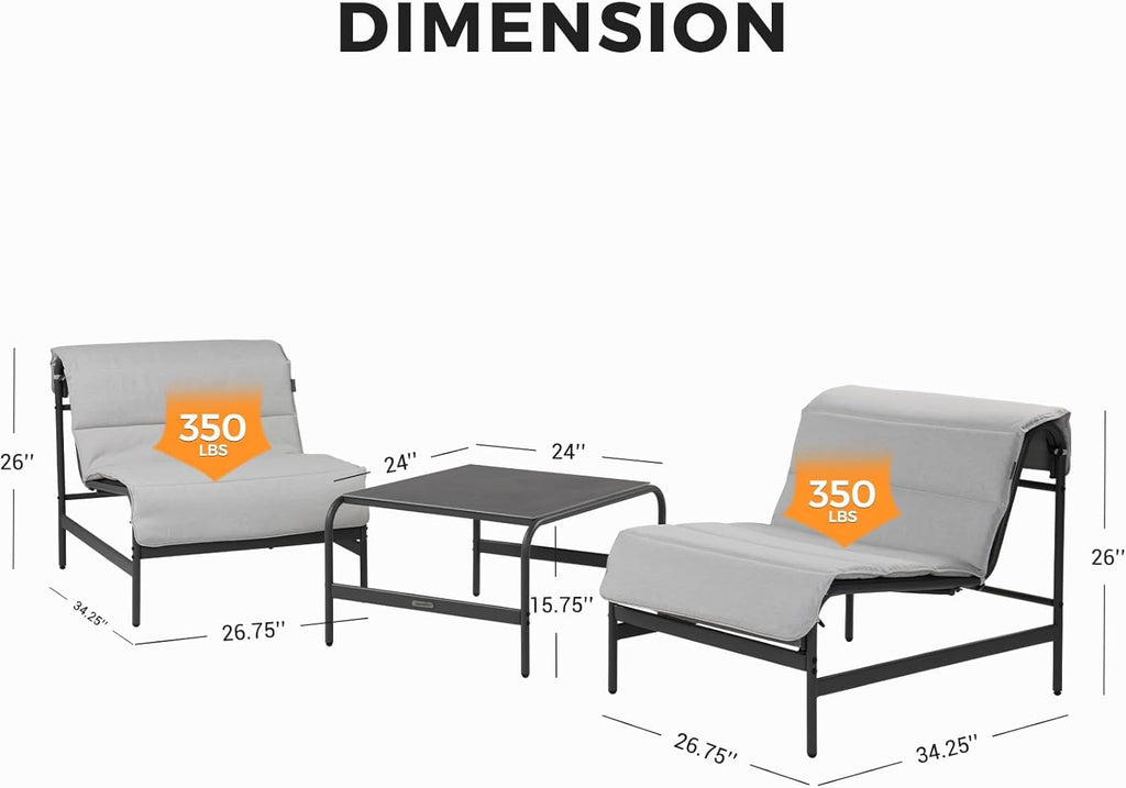 Grand patio 3-Piece Oversized Outdoor Furniture Set,Wide and Deep Lounge Chairs with Olefin Cushions and Stone-Top Side Table,Perfect for Balcony, Backyard,Porch,Garden,Poolside-(Black&Grey Cushion)