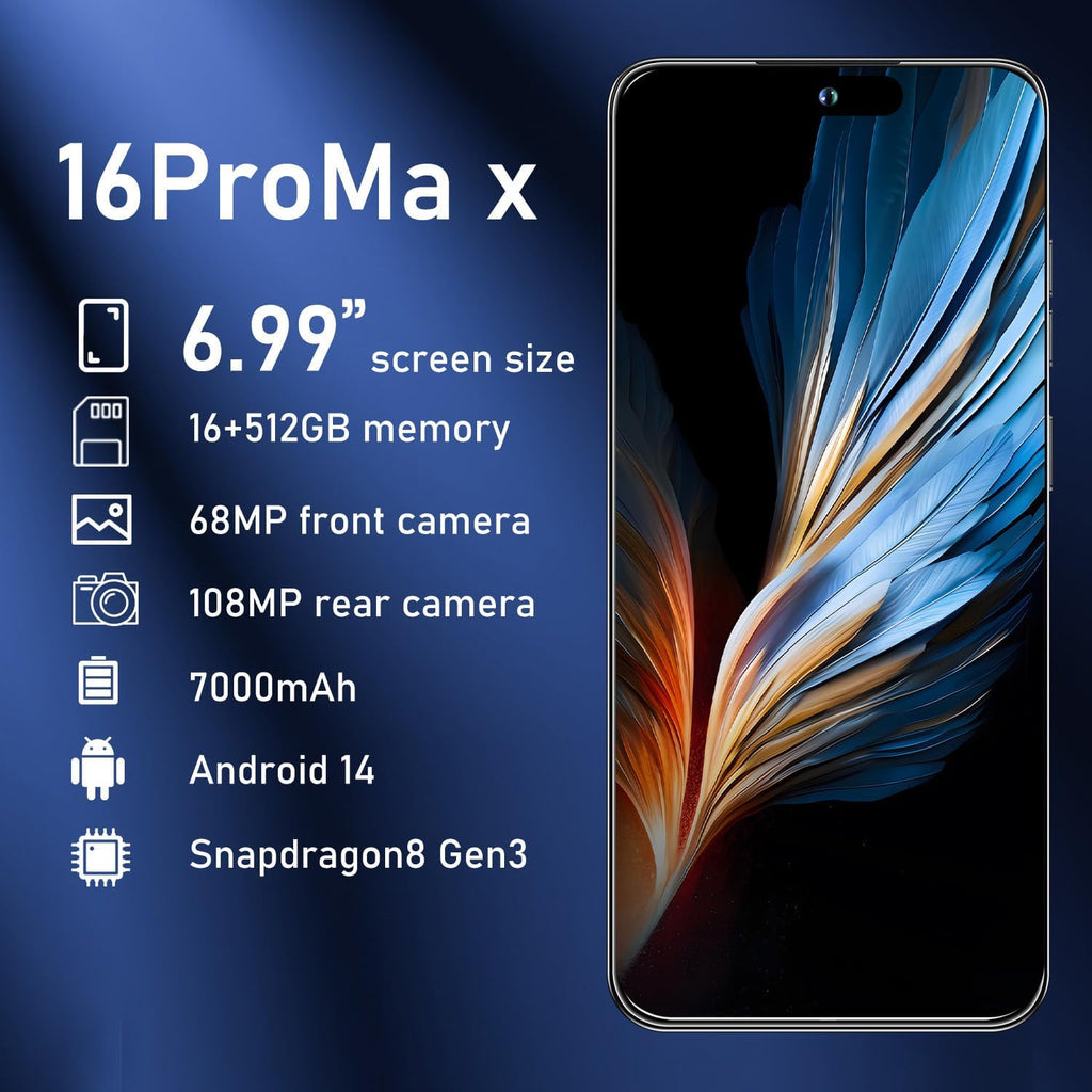 OEJBK 16PM Smartphone New Upgrade 16GB+512GB/6.99" Display 68+108MP Zoom Camera,Tempered Glass Finish, 7000mAh Android 14 Smartphone (Gold)