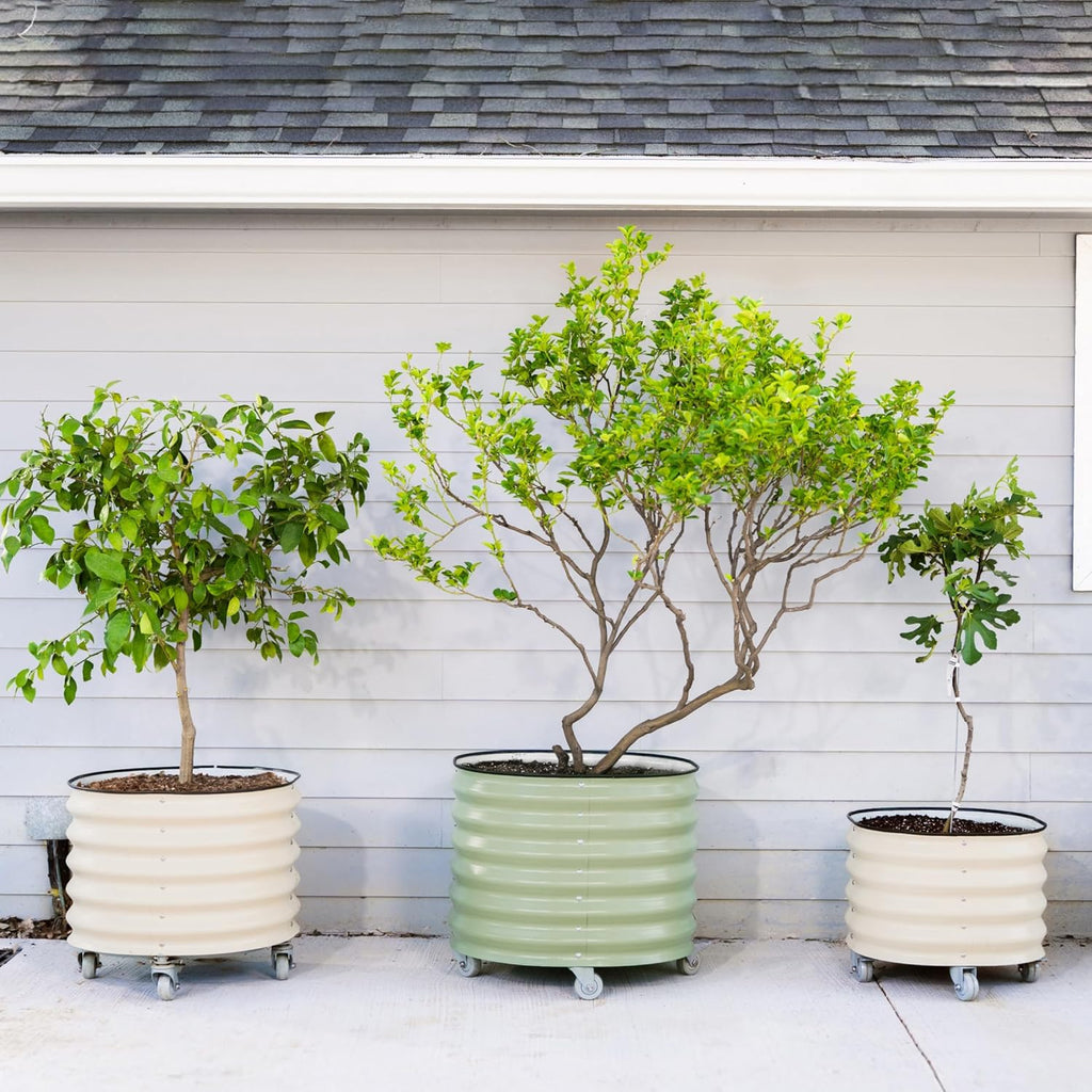 Rolling Metal Citrus Tree Planter Pot, 27″ Round Planter Box for Porch Patio & Backyard, 45 Gallon Large Planter Pot with Wheels for Growing Olive Trees Tomatoes Vegetables and Flowers, Olive Green