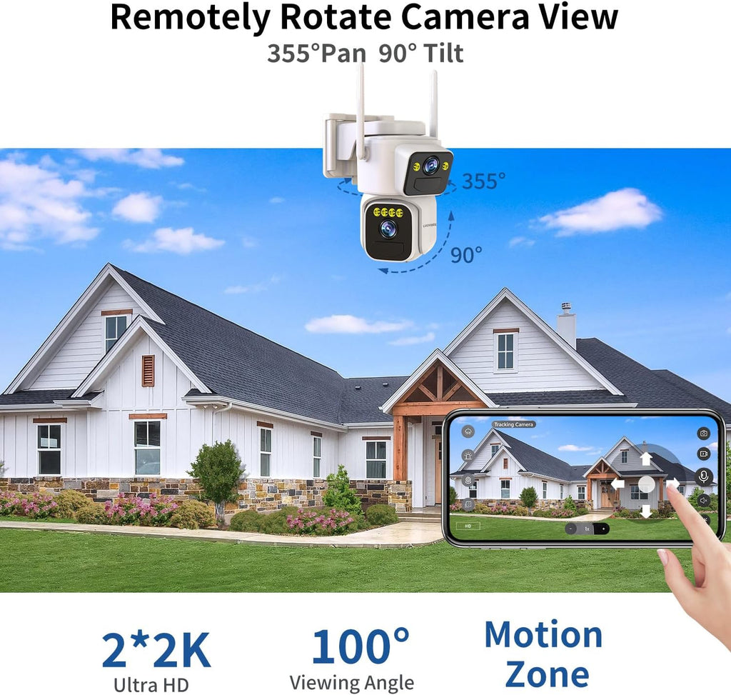 Luovisee Cameras for Home Security with Dual Lens,2.4G/5G WiFi Outdoor Camera Wireless Solar Powered,PIR Alarm,Color Night Vision,2-Way Audio,Cloud/SD Storage,No Month Fee(2 Pack)