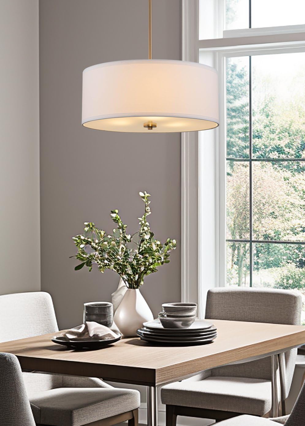 Kira Home Nolan 18" Modern Drum Chandelier with White Fabric Shade, 3-Light Gold Pendant Light with Tempered Glass Diffuser, Cool Brass Finish