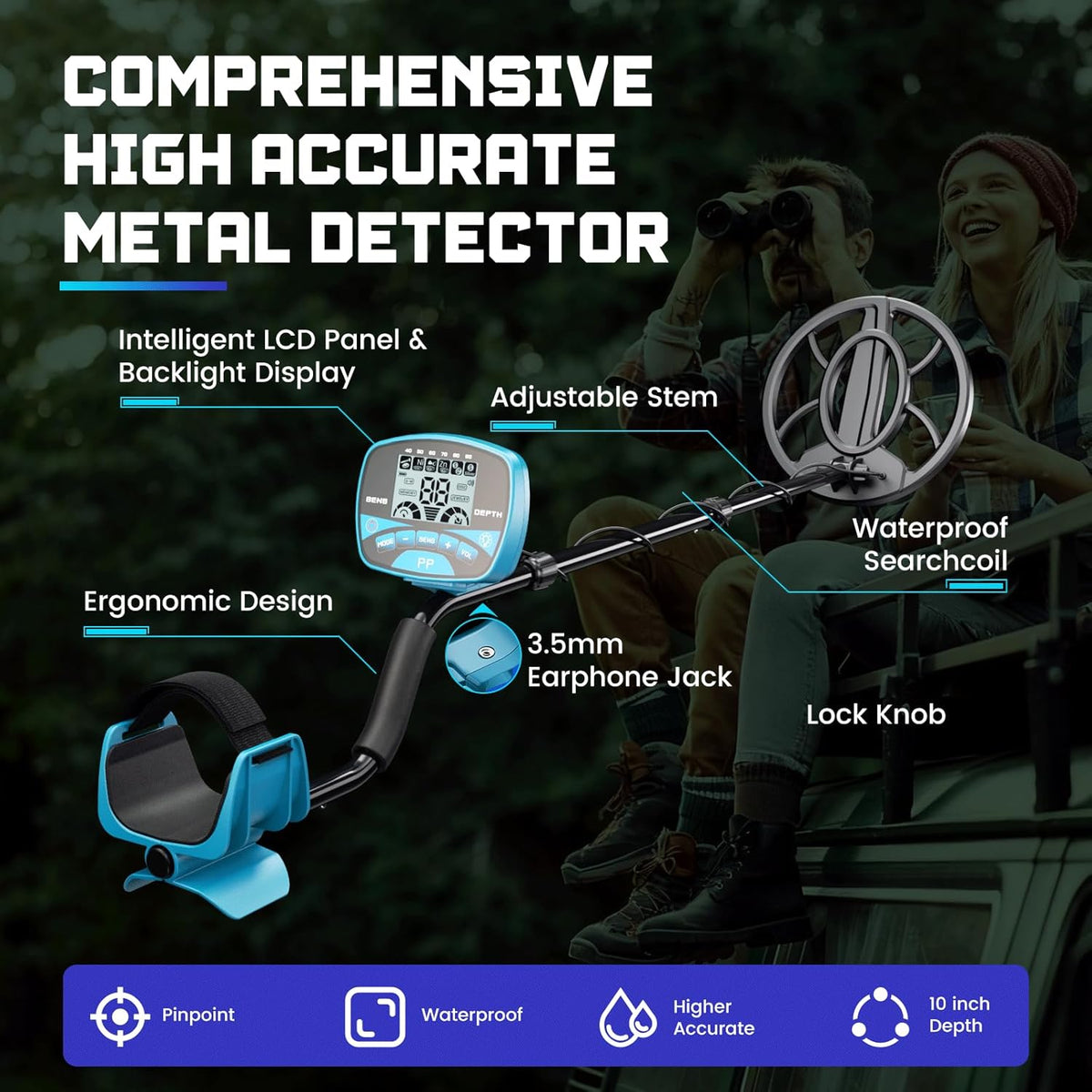 Metal Detector for Adults & Kids Professional Cordless Gold Detector 5 Modes, Advanced DSP Chip, Adjustable Length, Backlight LCD Display, 10" Waterproof Search Coil - Blue