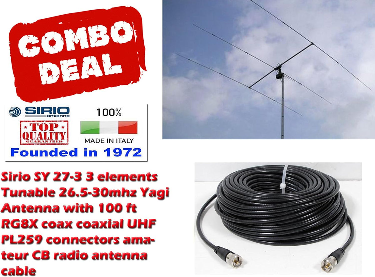 Sirio SY 27-3 3 Elements Yagi Beam CB/10Meter Antenna with 100Ft Coax Cable