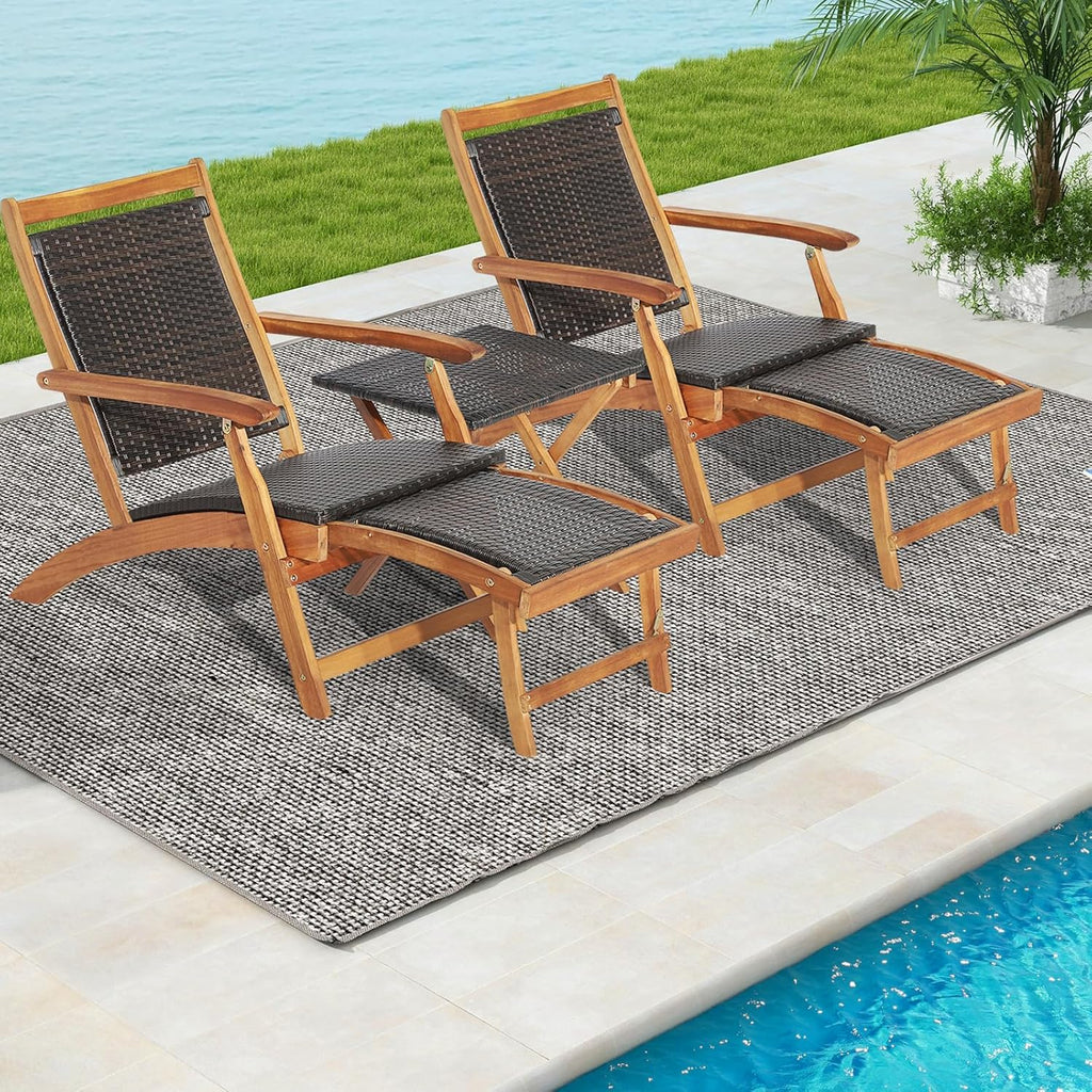 RELAX4LIFE Patio Chaise Lounge Chair Set of 3, Acacia Wood Folding Rattan Wicker Chairs w/Retractable Footrest, Side Table, 3-Piece Outdoor Patio Furniture, Fire Pit Deck Chairs Set for Porch Poolside
