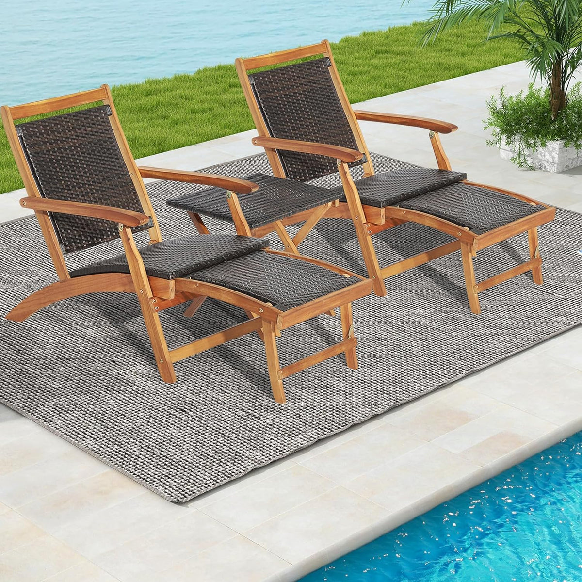 RELAX4LIFE Patio Chaise Lounge Chair Set of 3, Acacia Wood Folding Rattan Wicker Chairs w/Retractable Footrest, Side Table, 3-Piece Outdoor Patio Furniture, Fire Pit Deck Chairs Set for Porch Poolside