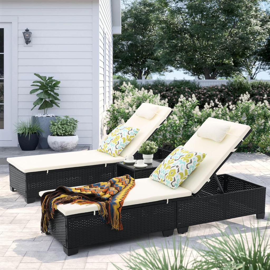 3-Piece Outdoor Lounge Chairs Set, Chaise Lounge Patio Chairs with Coffee Table, Adjustable Wicker Chairs, Water-Resistant Cushions, PE Rattan Poolside & Backyard Furniture (Beige)