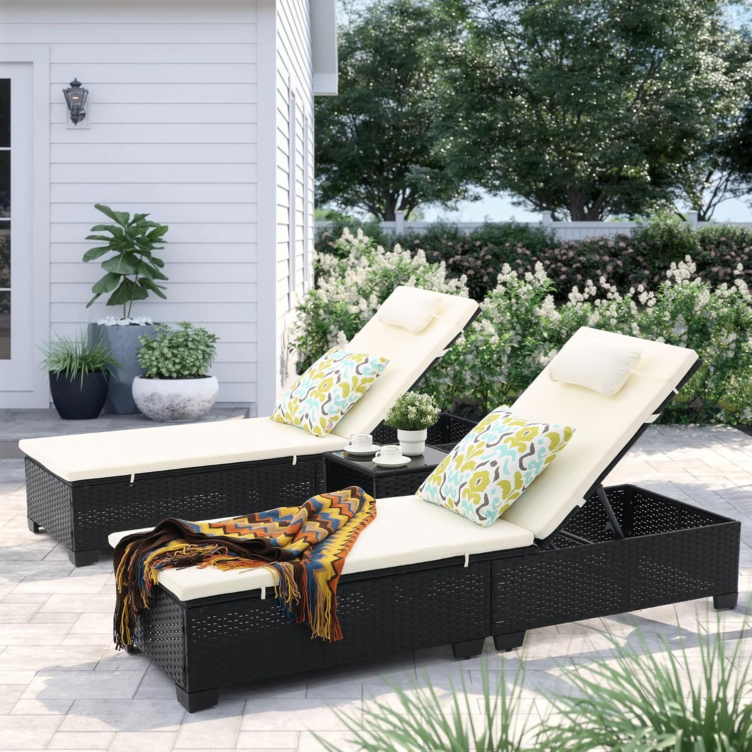 3-Piece Outdoor Lounge Chairs Set, Chaise Lounge Patio Chairs with Coffee Table, Adjustable Wicker Chairs, Water-Resistant Cushions, PE Rattan Poolside & Backyard Furniture (Beige)