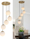 5-Light Globe Chandelier Cluster Pendant Lights, Mid Century Brushed Brass Gold Chandelier with Milk Glass Shade, Adjustable Hanging Cord Ceiling Light for Living Dining Room Staircase