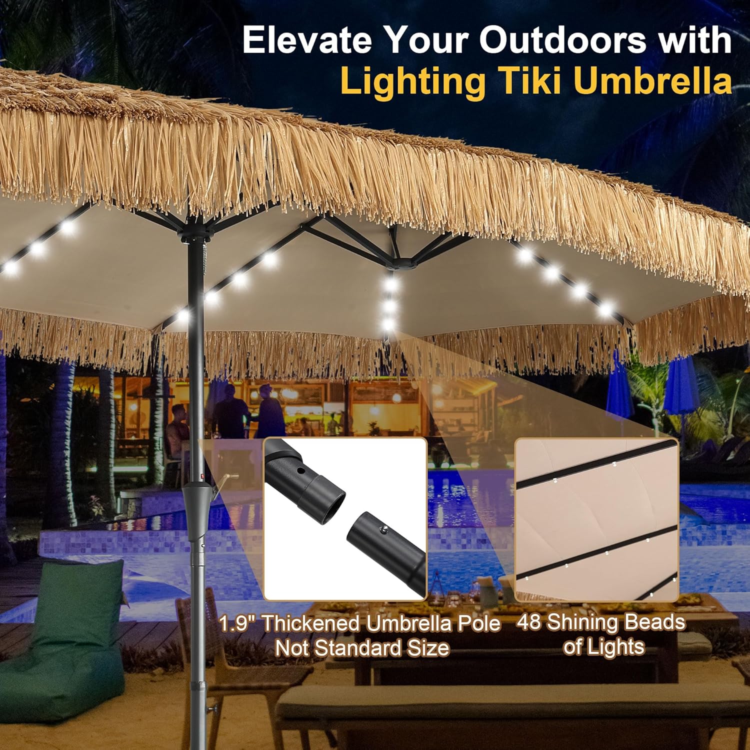 15 ft Patio Tiki Umbrella with 48 LED Lights, Large Rectangle Outdoor Solar Umbrella with Matching Base for Market, Beach, Garden, Yard