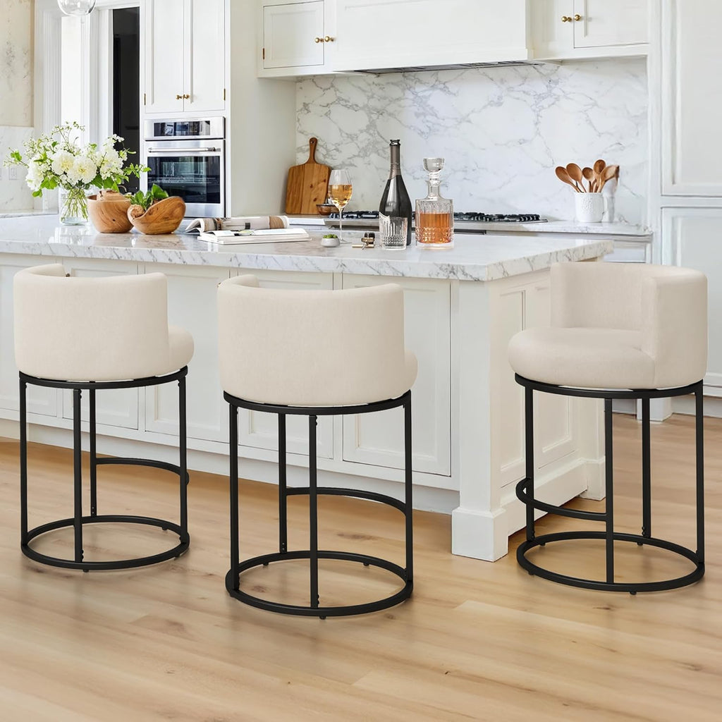 LUE BONA 26.8" Counter Height Bar Stools Set of 3, 180° Swivel Bar Stools, Modern Barrel Counter Stools with Back and Metal Frame, Fabric Upholstered Barstools for Kitchen Island, Linen Color