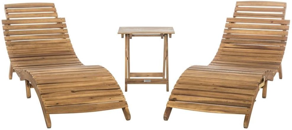 SAFAVIEH Outdoor Collection Pacifica Natural Brown Solid Wood/Beige Cushion 3-Piece Chaise Lounge Set with Table (PAT7020B)