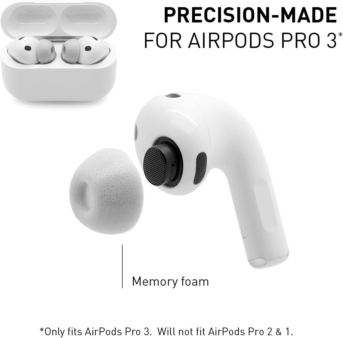 ADV. Eartune Fidelity UF-A3 | Replacement Memory-Foam Tips for AirPods Pro 3 | Secure Fit, All-Day Comfort, Superior Noise Isolation, Rich Bass, Built-in Wax Guard | Grey X Small 3-Pairs