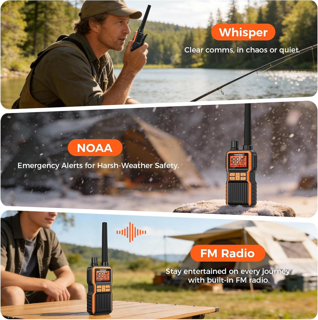 Midd Kacy Walkie Talkies, 60 Channel GMRS Handheld Waterproof Hunting Two Way Radio with 121 Privacy Codes, SOS, NOAA Weather Alerts, VOX, Channel Scanning, 4 Pack (Black/Orange)