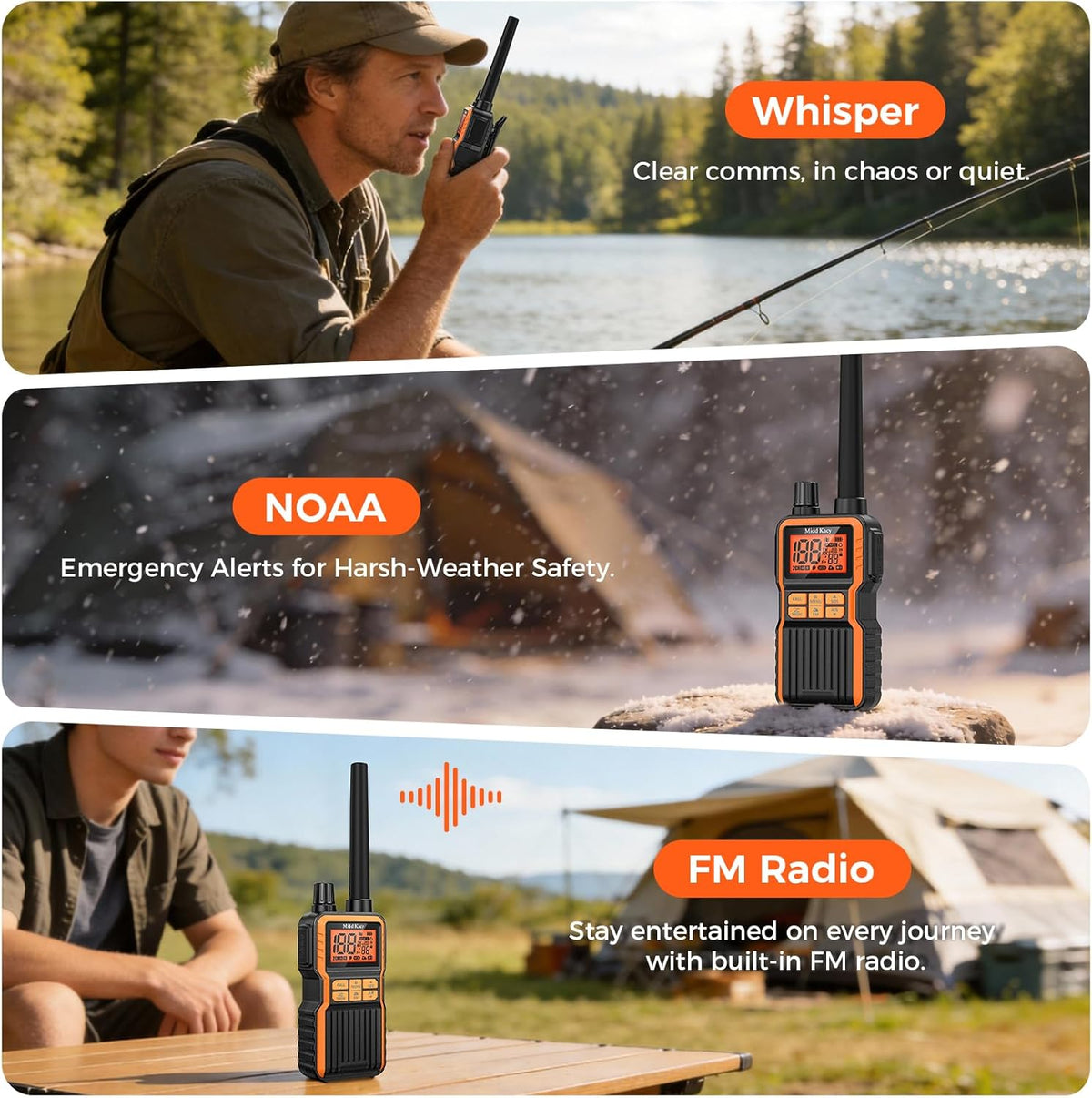 Midd Kacy Walkie Talkies, 60 Channel GMRS Handheld Waterproof Hunting Two Way Radio with 121 Privacy Codes, SOS, NOAA Weather Alerts, VOX, Channel Scanning, 4 Pack (Black/Orange)
