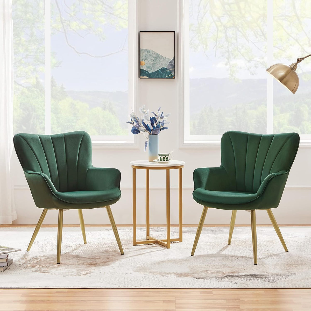Yaheetech Velvet Accent Chair, Modern Armchair with Wing Side and Metal Legs, Cozy and Soft Padded and High Back for Living Room/Home Office/Bedroom, Set of 2, Green