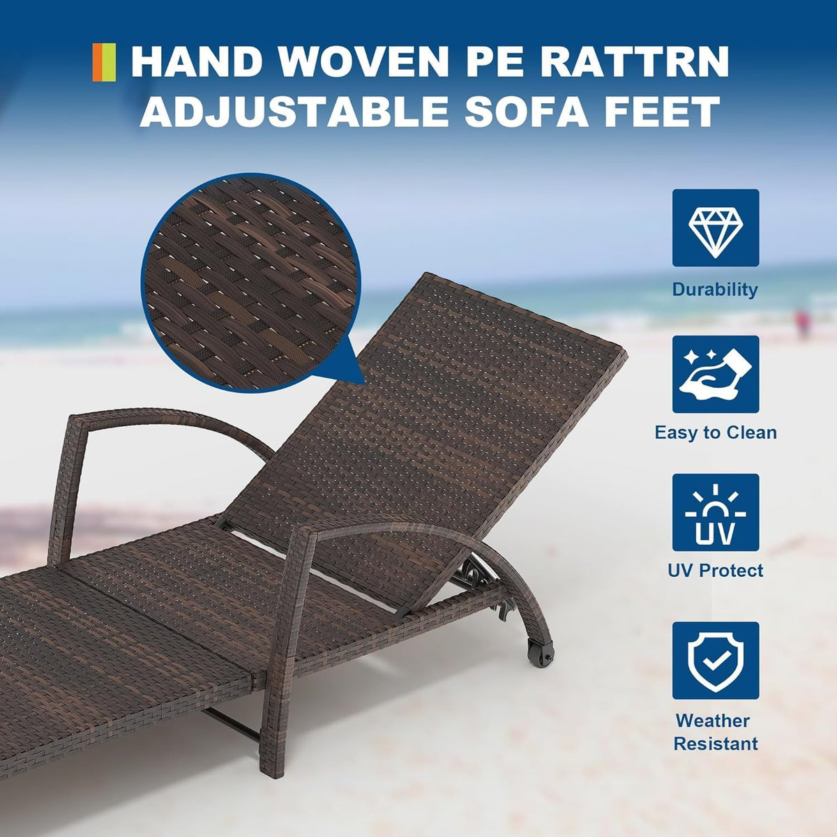 Garvee Outdoor Chaise Lounge Chairs Set of 2, PE Rattan Wicker Patio Lounge Chairs with 5-Position Adjustable Backrest, 3.5" Cushions & Wheels, 380 lbs Capacity Heavy Duty Pool Lounge Chair, Beige