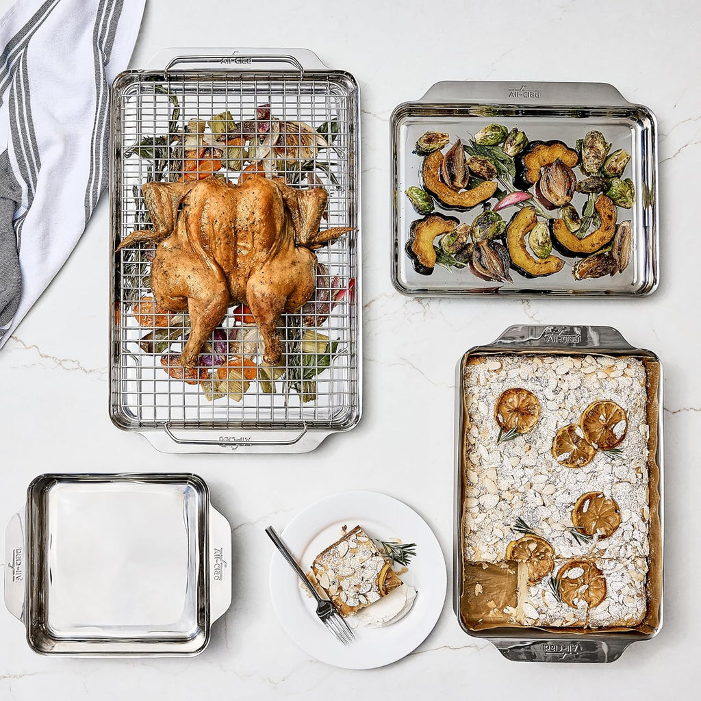 All-Clad Stainless Steel Baking Pans 5-Piece Set-Tri-ply Bonded for Consistent Baking- Includes Square and Rectangular Baking Pans, Baking Sheets, & Cooling Rack- Professional Stainless Steel Bakeware