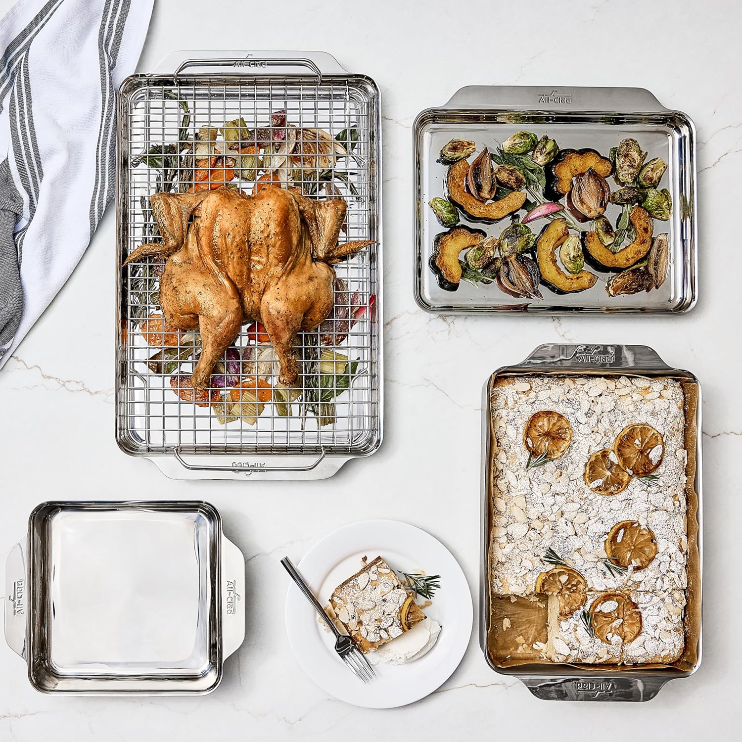 All-Clad Stainless Steel Baking Pans 5-Piece Set-Tri-ply Bonded for Consistent Baking- Includes Square and Rectangular Baking Pans, Baking Sheets, & Cooling Rack- Professional Stainless Steel Bakeware