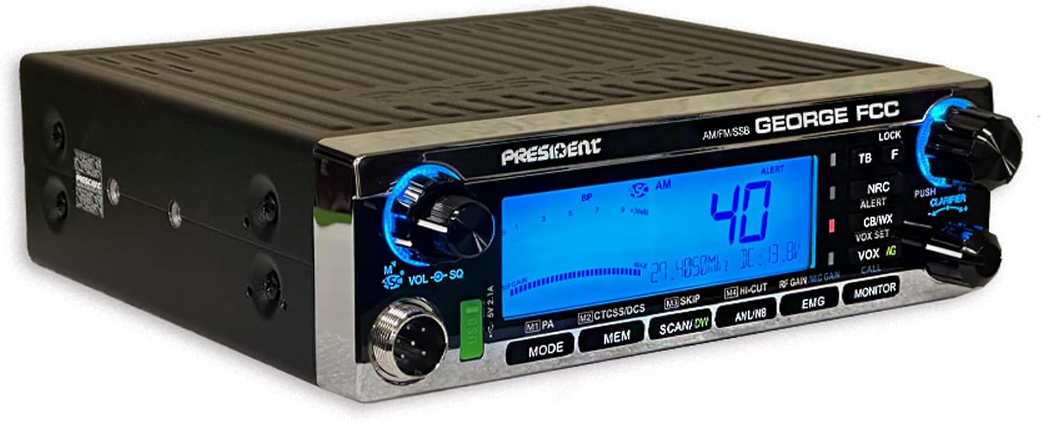 George FCC AM/FM/SSB CB Radio with DIGIMIKE Microphone, CTCSS/DCS, Large 7 Color LCD Display, Weather Channel/Alert, ASC, VOX, Scan Skip, USB Port, NRC, Automatic SWR, PA, with Keychain