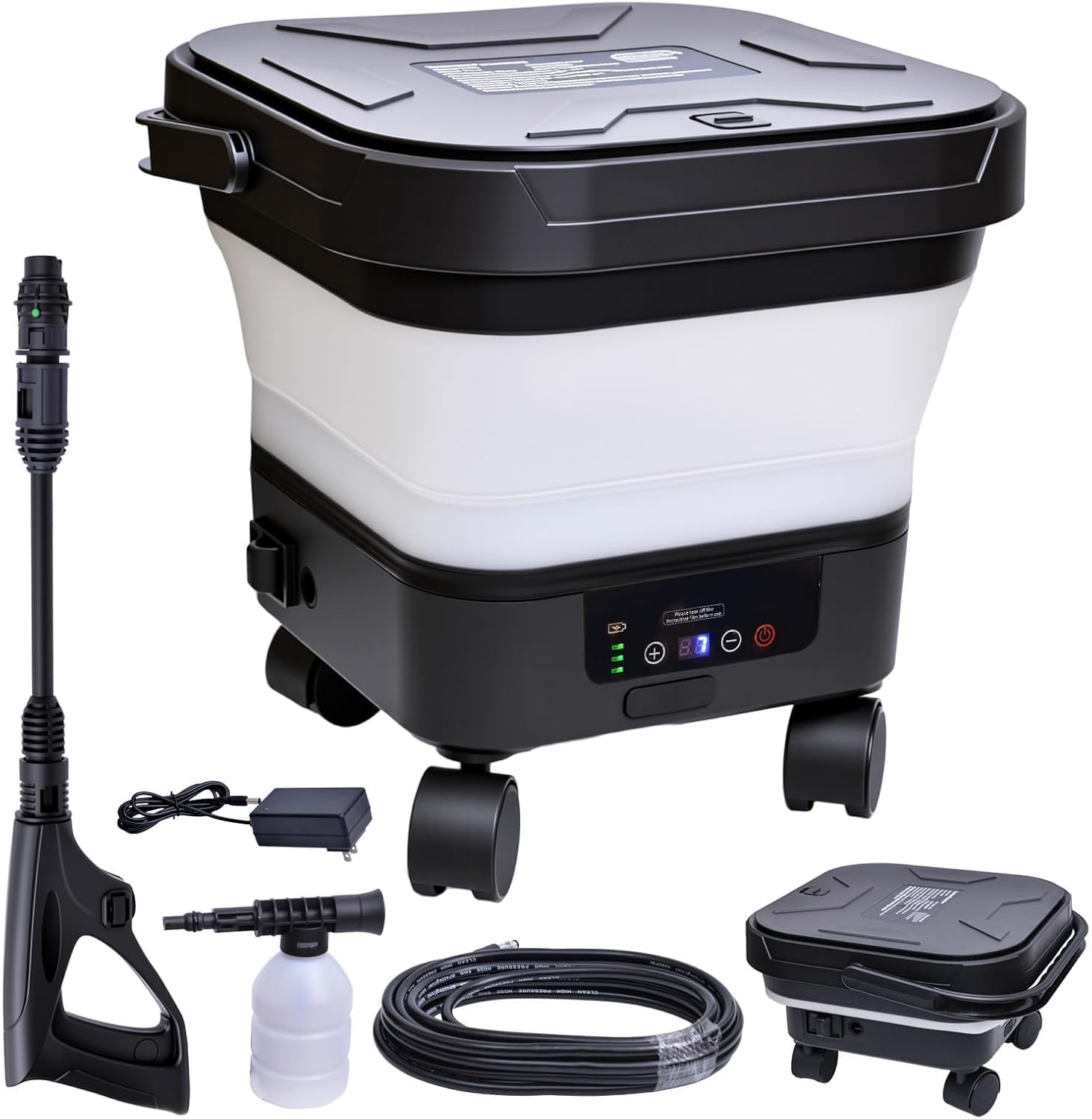 Portable Cordless Washer with 3.4Gal Tank, 580PSI, 7-Level Adjustable Sprayer, 360° Rotating Nozzle, 23FT Hose, 20000mAh Battery, Foldable Design with Wheels for Car, Camping, Garden