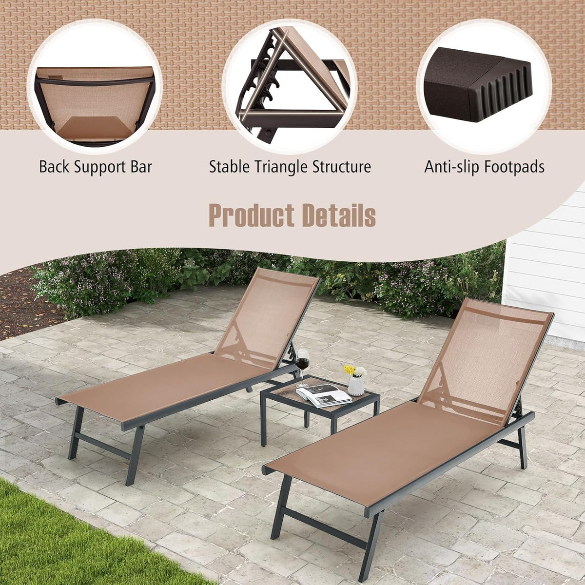 Tangkula 3 Piece Patio Chaise Lounge Set, Aluminum Patio Recliner with Coffee Table, 6-Level Backrest Adjustment, Outdoor Lounge Chair & Side Table Set for Poolside, Backyard (Brown)