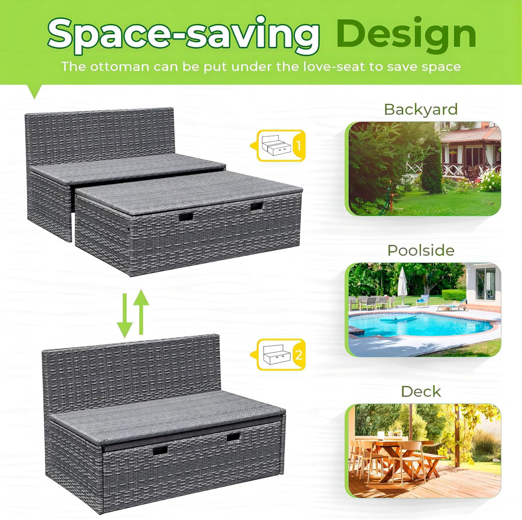 Greesum Outdoor Daybed Set Multifunctional Wicker Lounge Bed Furniture with Two Side Tables, Cushions, Storage Bench for Porch Lawn Patio Beach, OneSize, Gray