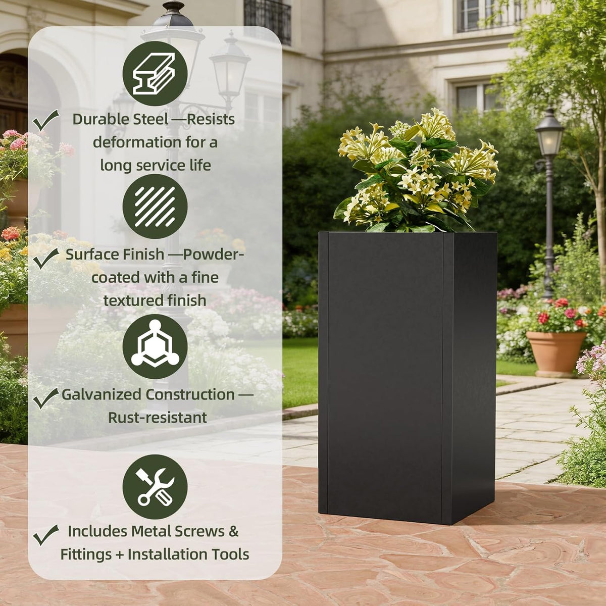 Tall Metal Planters Box for Outdoor Plants 2 Pack- 23.6" Modern Steel Tall Square Planter with Removable Insert Shelf, Heavy Duty Pedestal Planter Front Porch Decor Patio Garden, Black