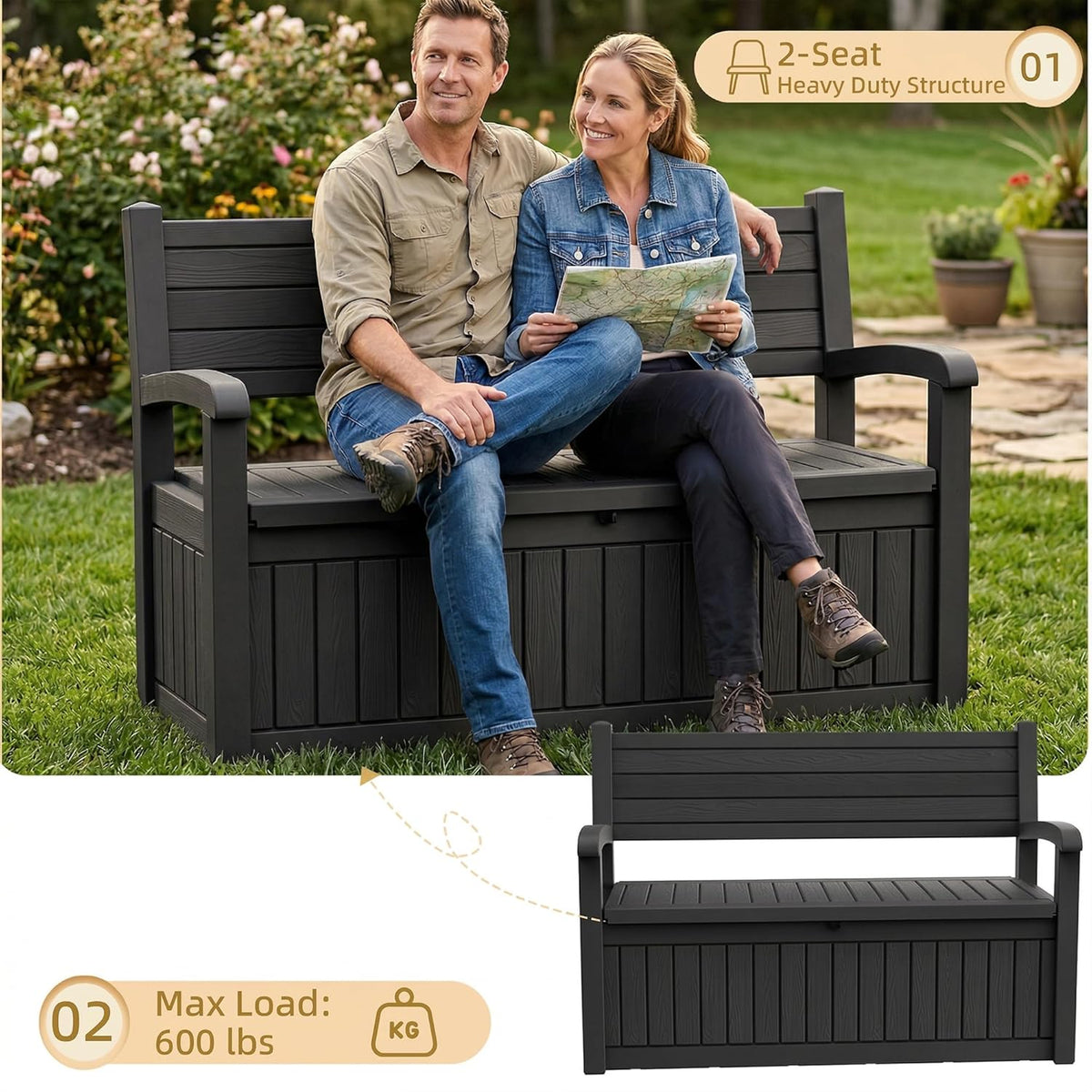 EFU Outdoor Storage Bench, Outdoor Bench with Storage, 80 Gallon Heavy-Duty&Waterproof Lockable Storage Bench Outdoor for Patio, Garden, Porch (Black)