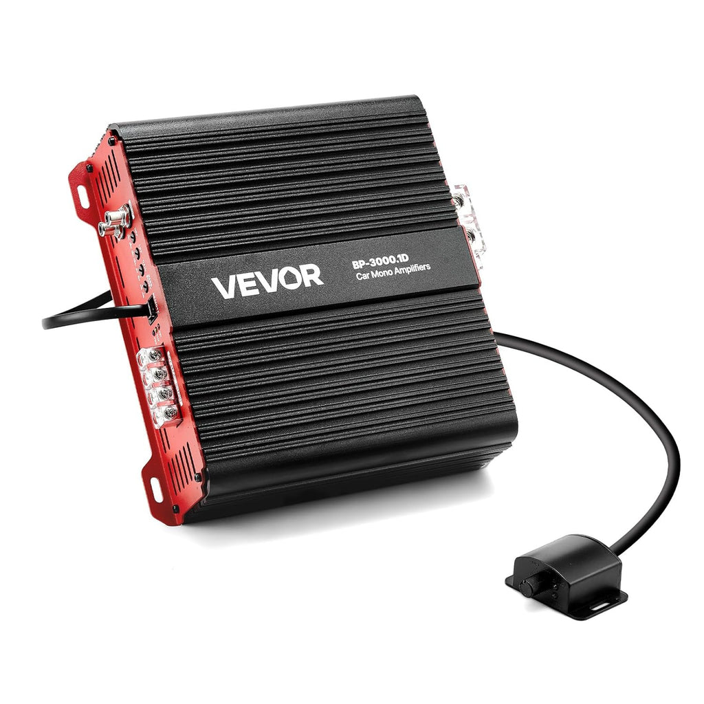 VEVOR Monoblock Car Amplifier, 3000W RMS MAX, 1/2/4 Ohm Stable, 1-Channel Class D Car Audio Amplifier with Remote Subwoofer Level Control, Low Pass Filter and Bass Boost, Volume Controller Included