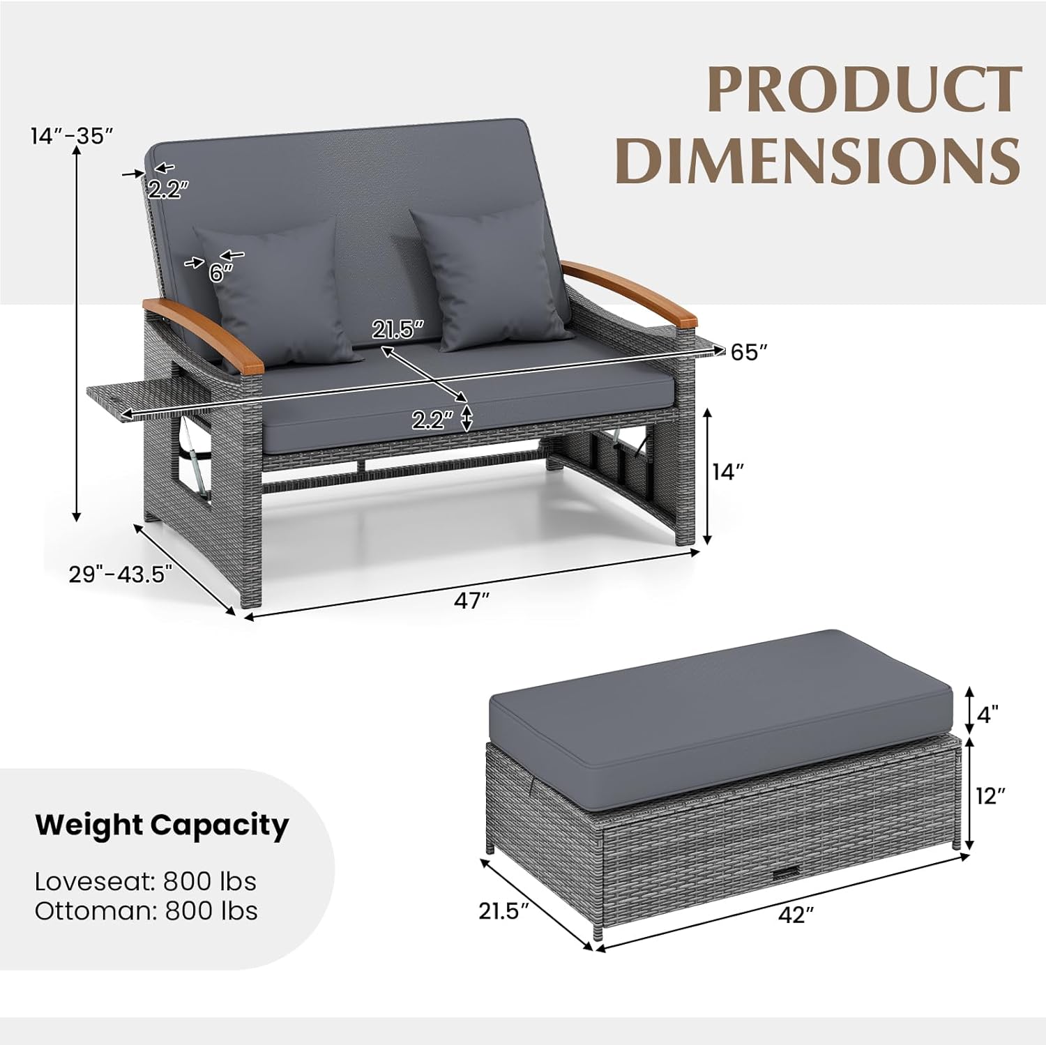 COSTWAY Patio Rattan Daybed, Outdoor Loveseat Sofa with Storage Ottoman, 4-Level Adjustable Backrest & Acacia Wood Armrest, Outdoor Wicker Daybed with Side Panels for Yard, Deck, Poolside (Mix-Grey)