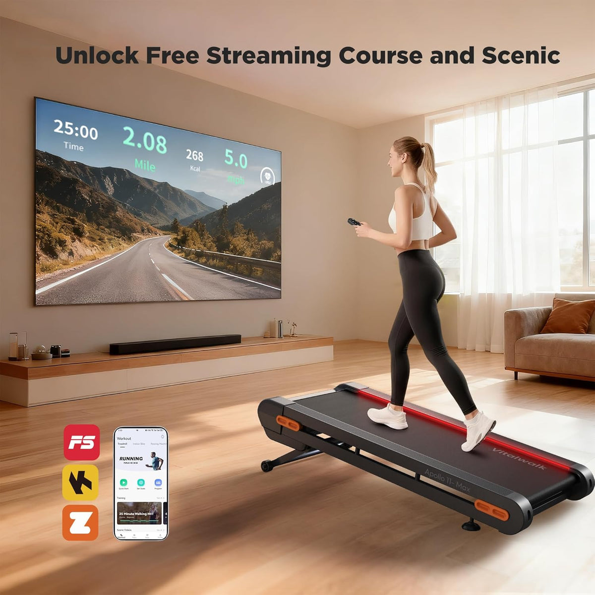 Vitalwalk Walking Pad Treadmill with Incline, 43"x18" Wide Full Deck, Auto Incline, Portable Under Desk Treadmills for Home Office, 4-Way Mobility & Vertical Store, Heavy Duty, APP