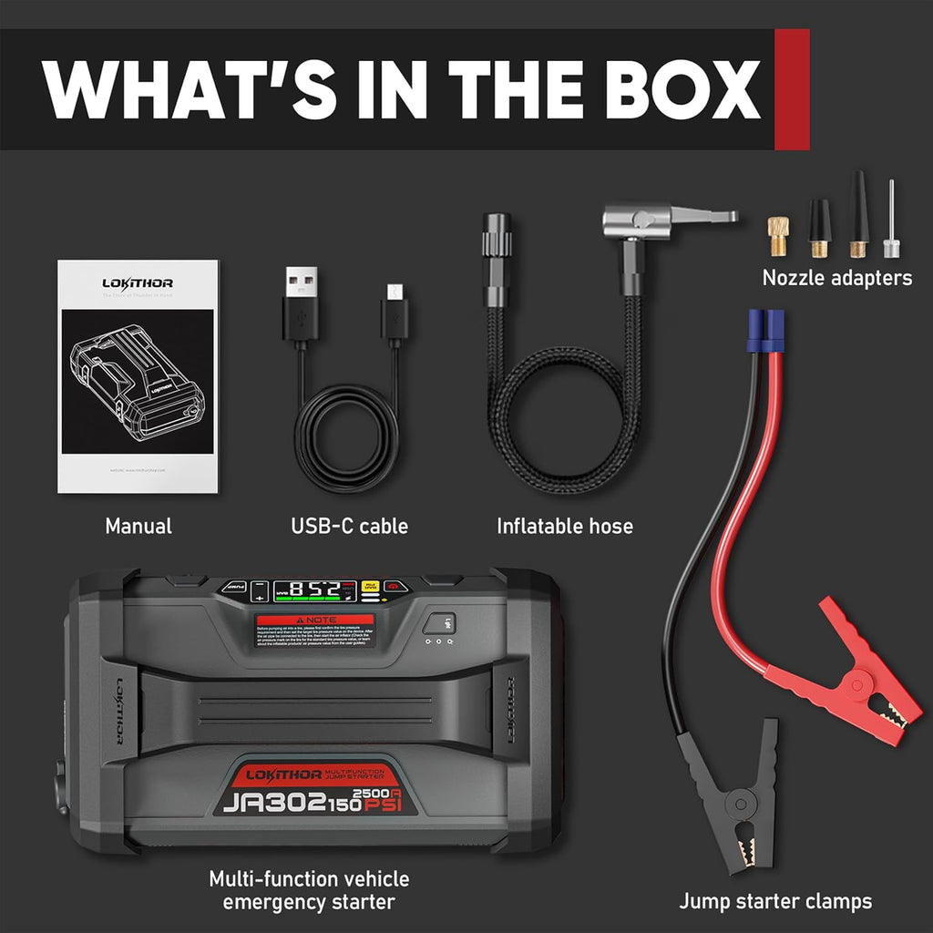 LOKITHOR JA302 Jump Starter with Air Compressor, 2500Amp 12V Portable Car Battery Booster Pack for Upto 8.5L Gas or 6.5L Diesel, 150 PSI Tire Inflator with Digital Screen, 36 Months Ultra-Long Standby