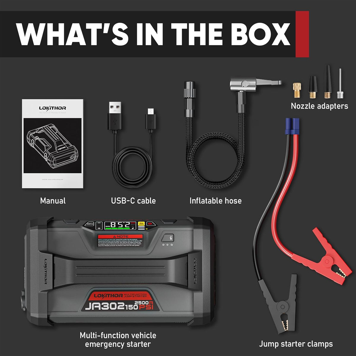 LOKITHOR JA302 Jump Starter with Air Compressor, 2500Amp 12V Portable Car Battery Booster Pack for Upto 8.5L Gas or 6.5L Diesel, 150 PSI Tire Inflator with Digital Screen, 36 Months Ultra-Long Standby