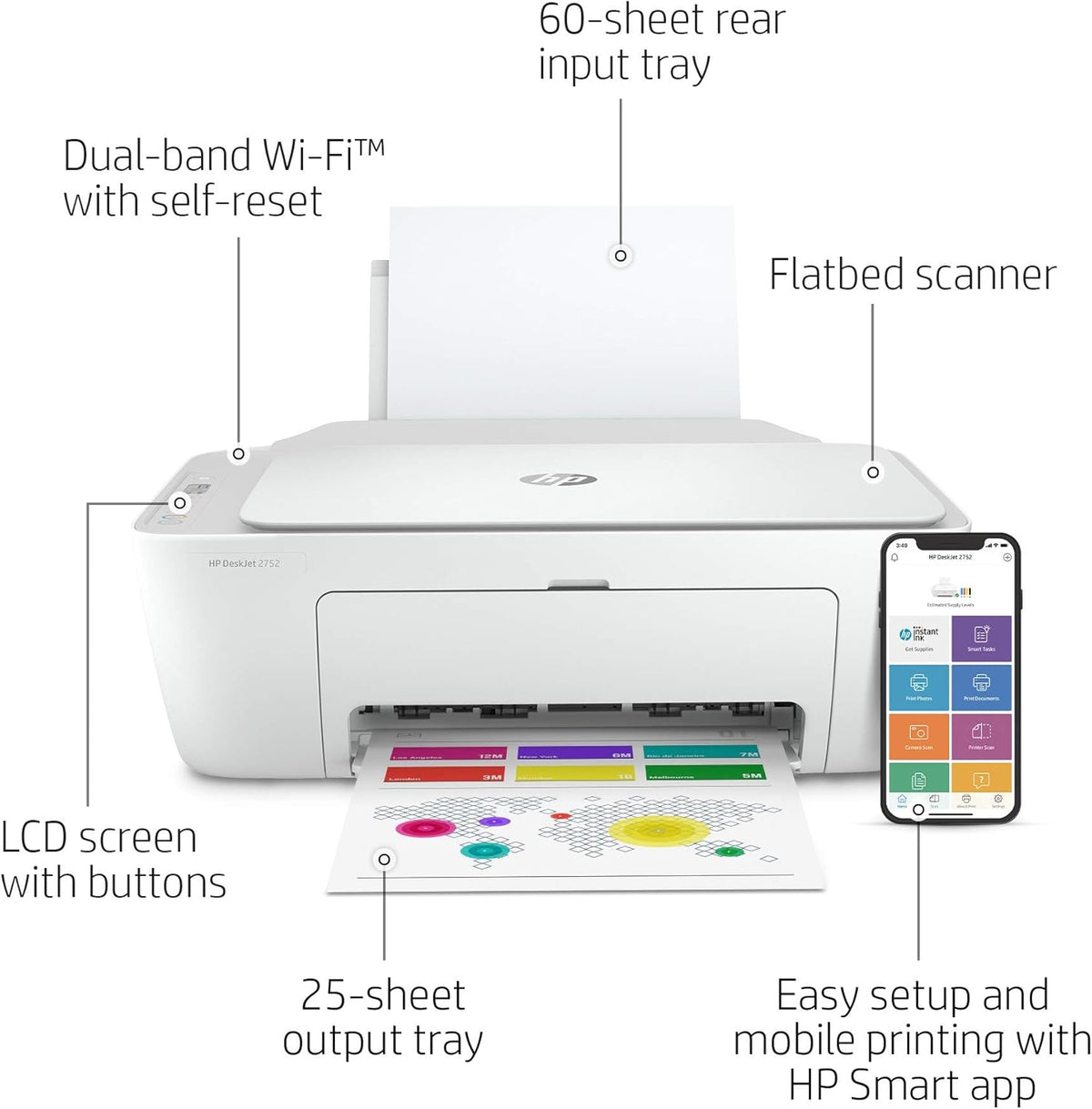HP DeskJet 2752 All-in-One Color Inkjet Printer Scanner and Copy with Mobile Printing, Wireless Printers for Home and Office, Instant Ink Ready, Dual-Band WiFi, White (Renewed)