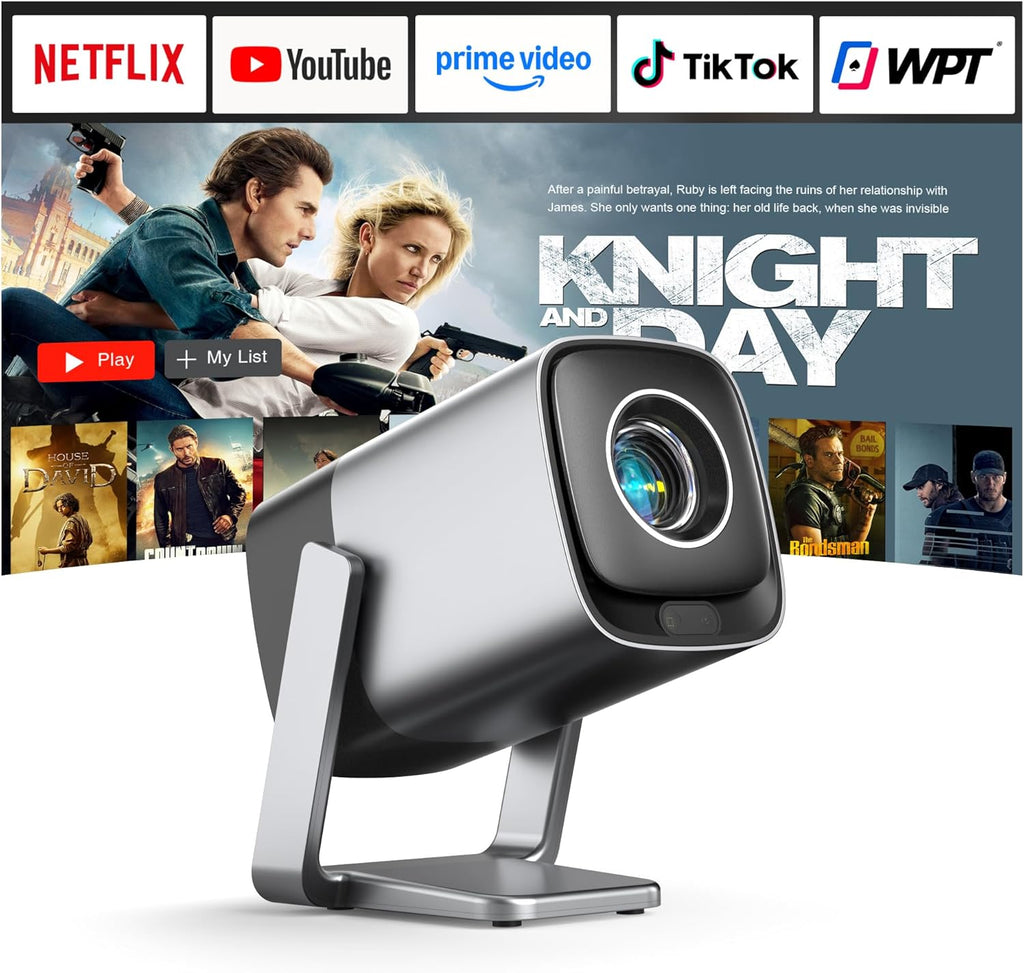 Compatible with Netflix & TOF Real-time Focus Mini Projector with WiFi and Bluetooth, XuanPad Silver Smart Projector 4K Support, Dolby Audio & Keystone, 210° Rotatable Stand for Home