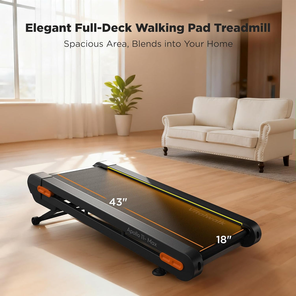 Vitalwalk Walking Pad Treadmill with Incline, 43"x18" Wide Full Deck, Auto Incline, Portable Under Desk Treadmills for Home Office, 4-Way Mobility & Vertical Store, Heavy Duty, APP