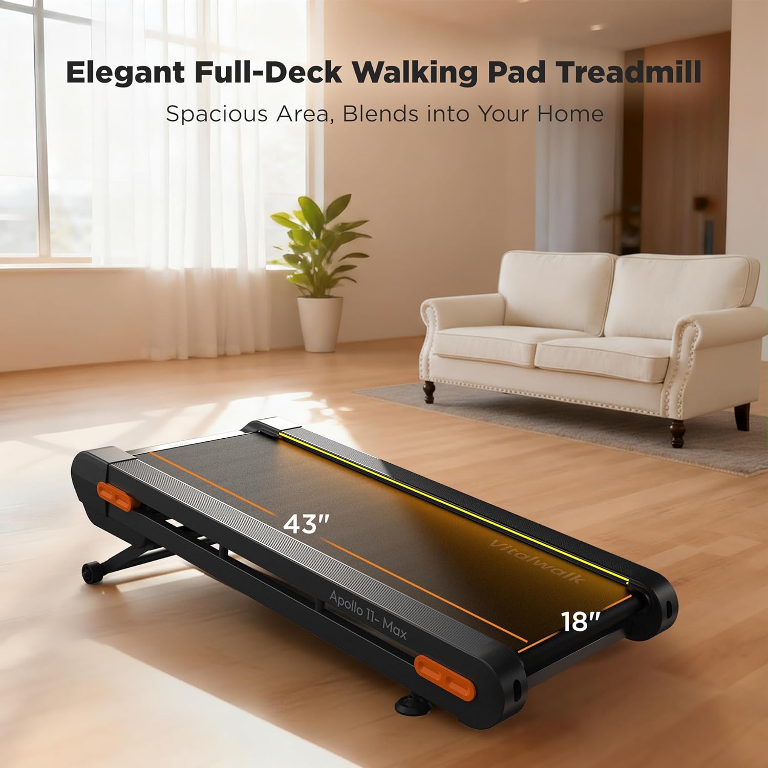 Vitalwalk Walking Pad Treadmill with Incline, 43"x18" Wide Full Deck, Auto Incline, Portable Under Desk Treadmills for Home Office, 4-Way Mobility & Vertical Store, Heavy Duty, APP