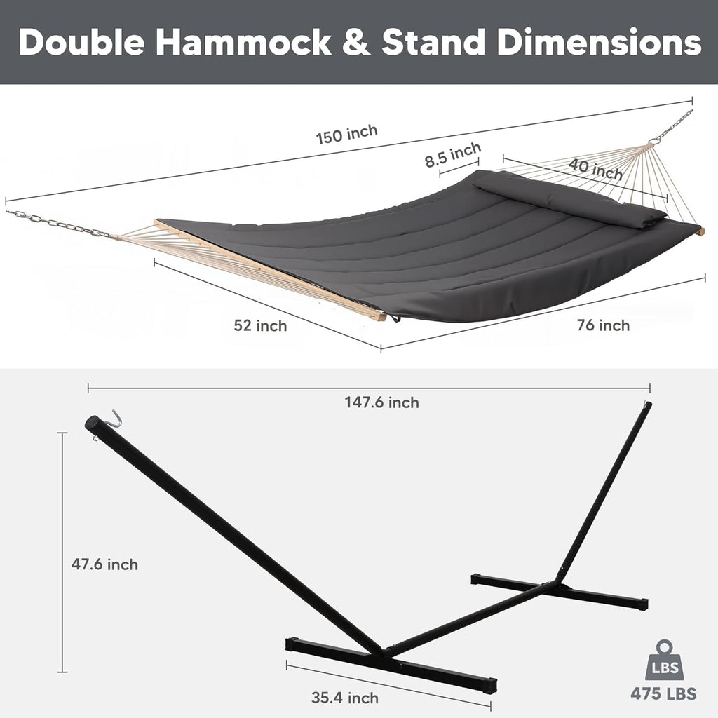 SUNCREAT Double Outdoor Hammock with Stand, Carrying Bag, Two Person Cotton Rope Hammock with Polyester Pad, Dark Gray