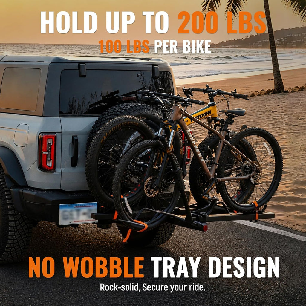 MEEVIZ Ebike Rack for Tow Hitch 2 Bike - 200 Lbs Capacity Heavy Duty Hitch Bike Rack, Smart Tilting Foldable Platform Bicycle Car Racks with 2" Receiver for SUV, Truck, Trailer, Fits Max 5" Fat Tire