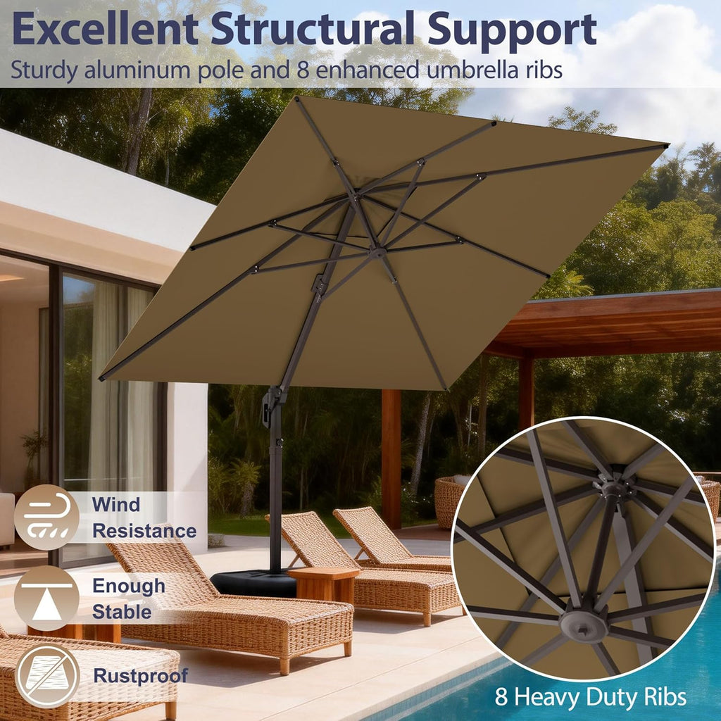10' X 10' Patio Umbrella Cantilever Outdoor Rectangle Umbrella with Base Included, Heavy Duty 360°Rotation Offset Umbrella for Garden Deck Pool Patio, Brown
