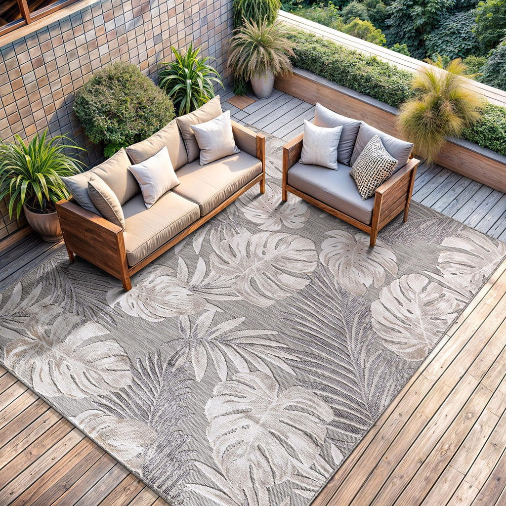 CAMILSON Indoor Outdoor Rug, Beige 6'x9' Leaf Tropical Botanical Area Rugs for Indoor and Outdoor patios, Easy-Cleaning Non-Shedding Living Room, Garden and Kitchen Washable Outside Carpet (6x9)
