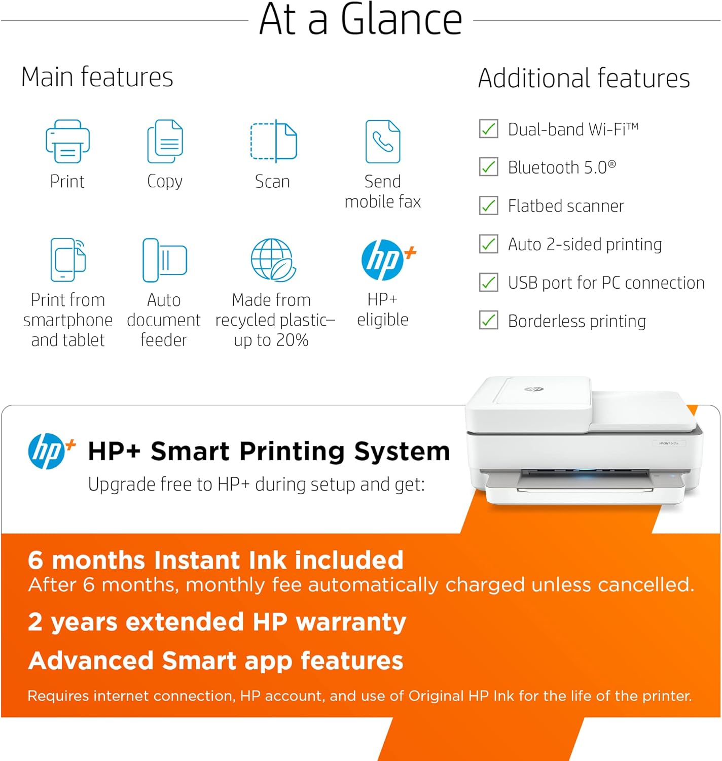 HP Envy 6455e Wireless Color Inkjet Printer, Print, scan, Copy, Easy Setup, Mobile Printing, Best-for-Home, 3 Month Instant Ink Trial Included, White