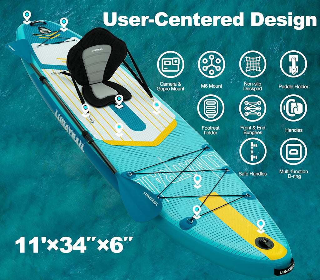 【11'×34"】 Extra Long/Extra Wide Premium Inflatable Stand Up Paddle Board (SUP) – Portable & Lightweight for Yoga, Surfing, Family Fun | Complete Kit with Paddle, Pump, Bag | Durable Design