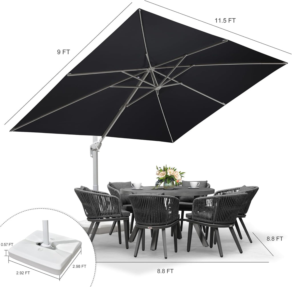 PURPLE LEAF 9' × 11.5' Patio Umbrella With Base White Cantilever Umbrella Square Outdoor Offset Umbrella Windproof with 360° Rotation for Garden Deck Pool, Grey