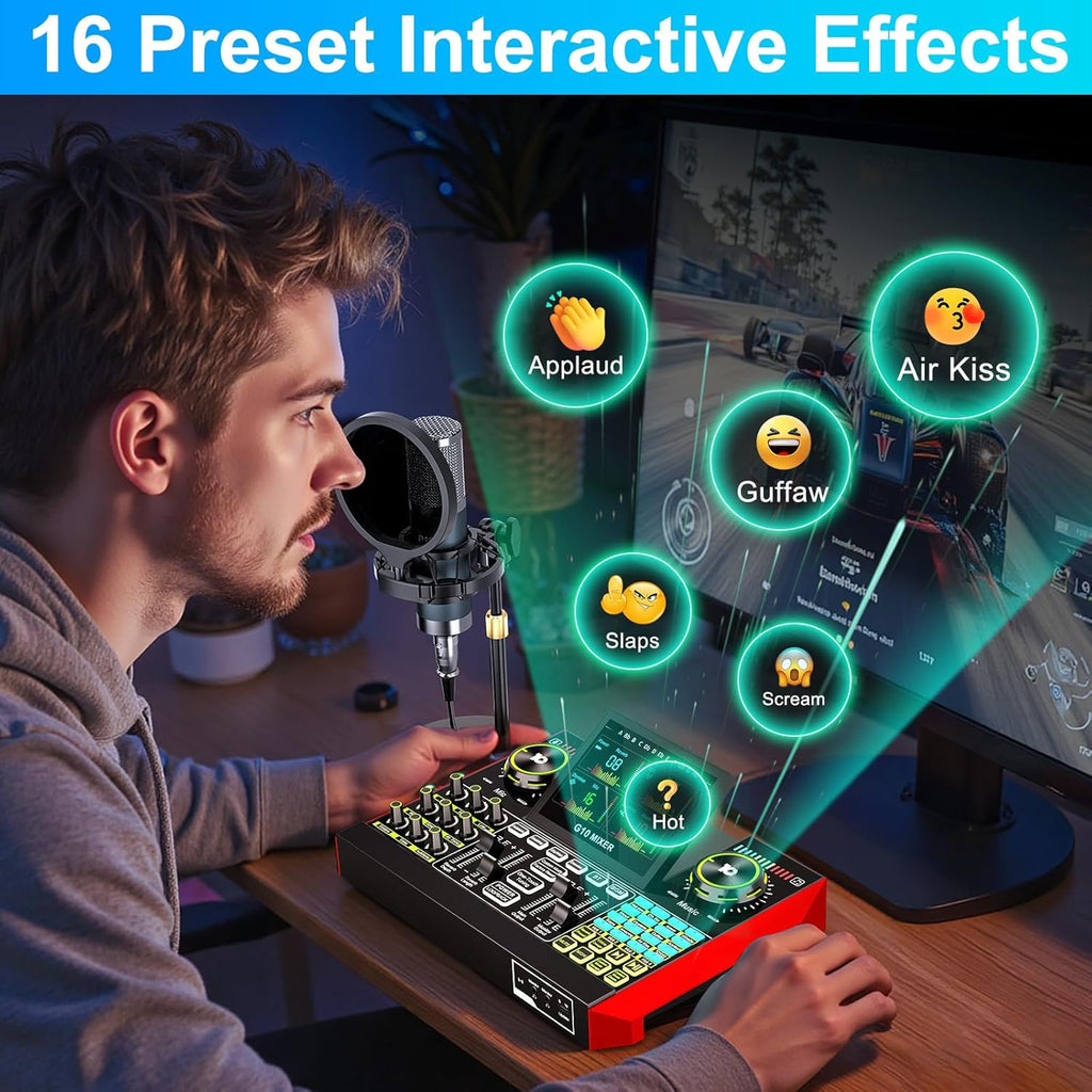 Podcast Microphone Bundle with Live Sound Board Audio Mixer, Podcast Equipment Bundle with 3.5mm Condenser Microphone(P15) for Pc/Phone Live Streaming Singing Gaming, Voice Changer, Denoise