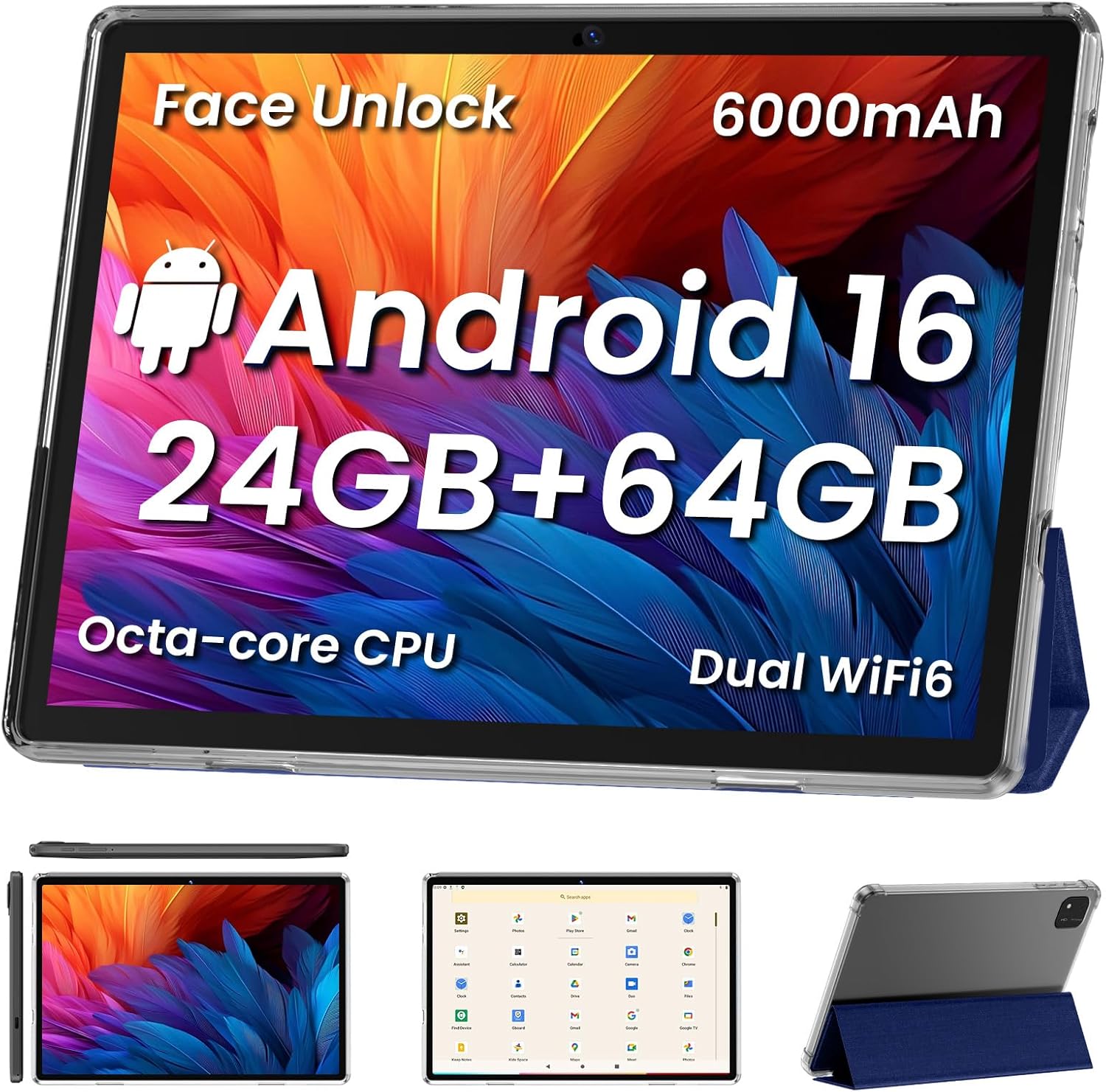 COLORROOM Android16 Tablet,10inch Tablets, Octa Core CPU, 24GB+64GB+512GB Expansion, 6000mAh Battery+18W Fast Charging, Dual WiFi, Dual Cameras,Widevine L1 Google Kids Space, Blue